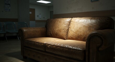 Worn Leather Sofa in a Dimly Lit Hospital Waiting Room Evoking Quiet Contemplation with a Desaturated Vintage Color Palette