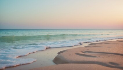 A calm beach view showcasing gentle waves meeting the soft sand under a sunset horizon.