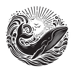 Black Color Whale Silhouette Vector Illustration, Solid White Background. minimal vector design