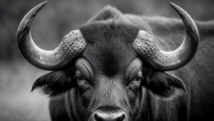 Naklejka premium Close-up view of a buffalo head and its horns in monochrome