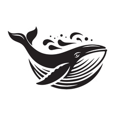Black Color Whale Silhouette Vector Illustration, Solid White Background. minimal vector design