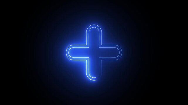 Bright blue Neon Plus Symbol FX Animation in Darkness. Glowing blue Neon Plus Icon Animation on Dark Background. 
