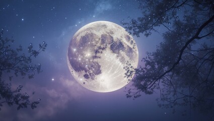 Fototapeta premium A blue, lavender, and purple moon accompanied by a tree shadow before a starry night and autumn precipitation.