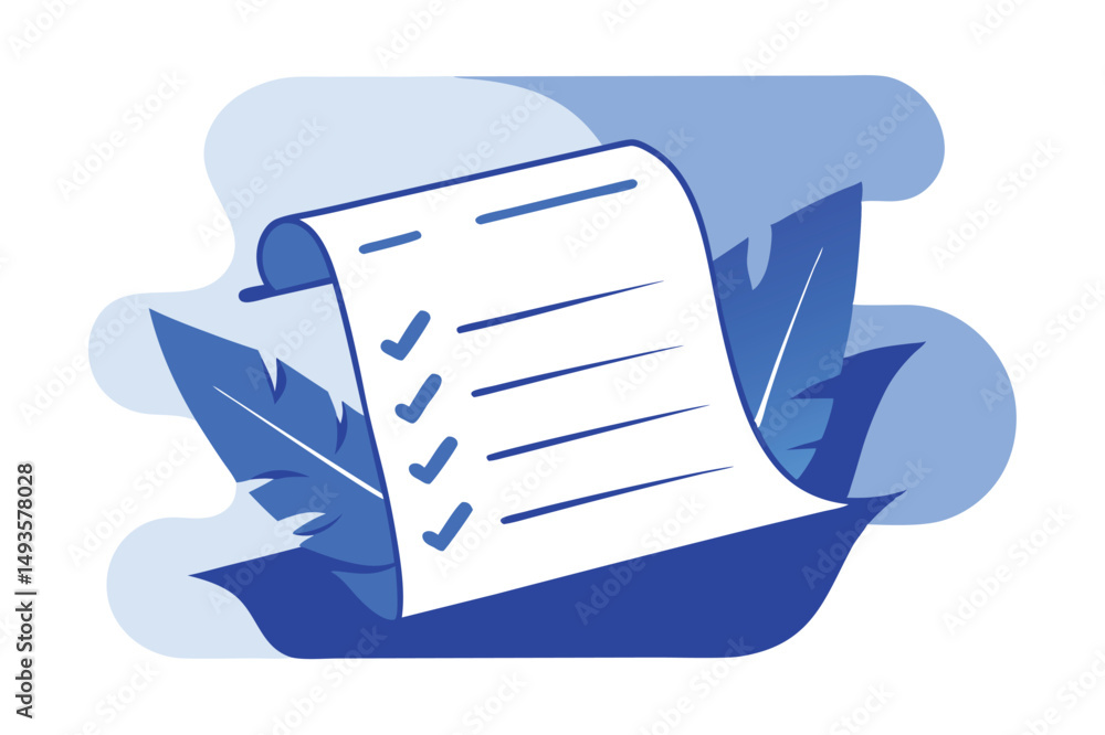 Fototapete checklist vector illustration featuring a rolled paper with checkmarks and leaves against a soft blu