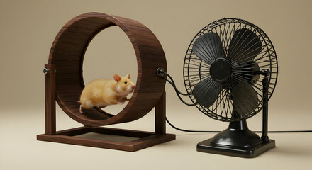 Hamster running on exercise wheel with fan