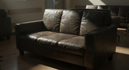 Worn Dark Brown Leather Sofa in a Dimly Lit Hospital Waiting Room with a Desaturated Vintage Color Palette Conveying Quiet Contemplation