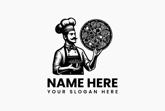 Stylized black chef logo with tall hat holding generously topped pizza vector illustration. Artisan pizzeria branding  