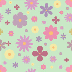 This seamless vector pattern features a vibrant retro 70s floral design with bold pink, purple, and yellow flowers. Perfect for textiles, packaging, wallpaper, scrapbooking, apparel design