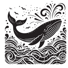 Black Color Whale Silhouette Vector Illustration, Solid White Background. minimal vector design