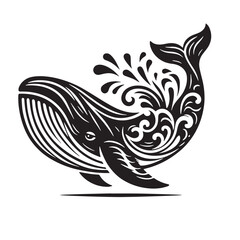 Black Color Whale Silhouette Vector Illustration, Solid White Background. minimal vector design