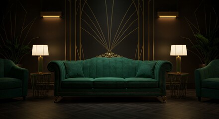 Emerald Green Velvet Sofa in Dimly Lit Hotel Lobby with Art Deco Details