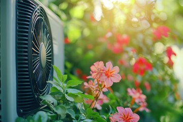 Air Conditioner Unit Beside Blooming Flowers in Summer Sunlight