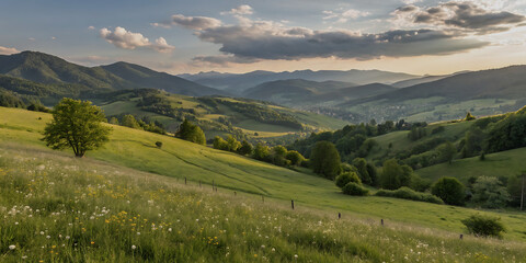 Obraz premium Panorama of Romanian countryside with rolling hills and spring sunlight.