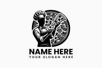 Stylized black chef logo with tall hat holding generously topped pizza vector illustration. Artisan pizzeria branding  
