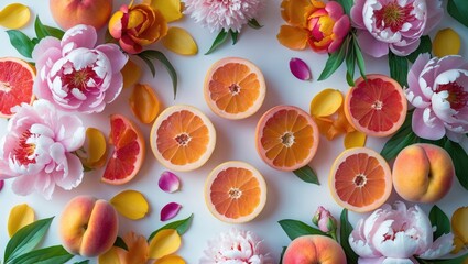 Stylish abstract background showcasing lovely peonies and fruits, seasonal idea, freshness, detox creative flat lay, elegant composition, banner
