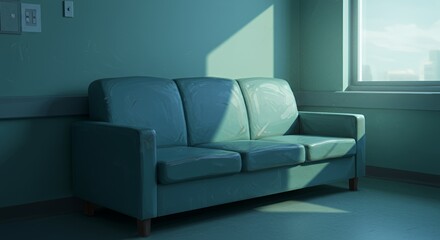 Worn Comforting Sofa in Muted Blues and Greens Radiating Hope and Quiet Strength Inside Hospital Waiting Room Bathed in Gentle Sunlight