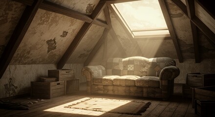 Dilapidated Sun-Drenched Attic Bedroom with Worn Patchwork Sofa Displaying a Melancholic Nostalgic Feeling Through Sepia Tones