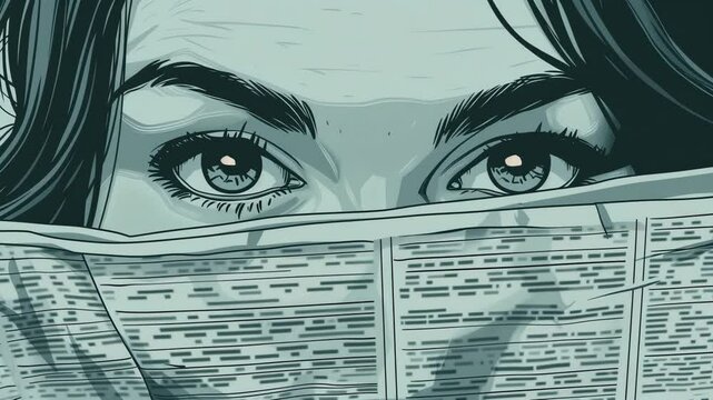 Vector illustration of a woman's eyes peeking over a newspaper.
