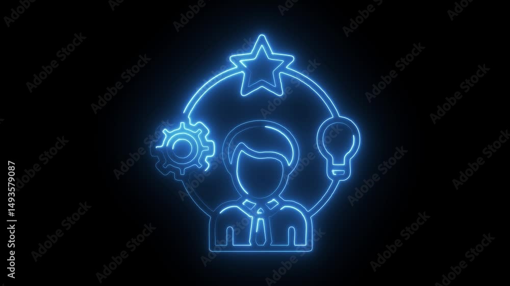 Poster neon glowing business person with idea,success,and progress loop on a dark background