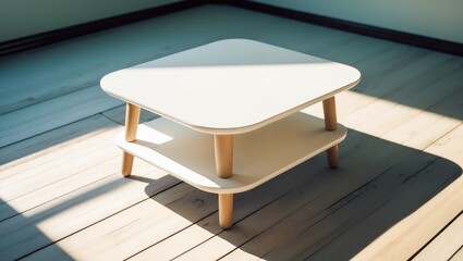 Chic white triangular coffee table with a lower storage shelf, perfect for introducing a modern element to your living space.