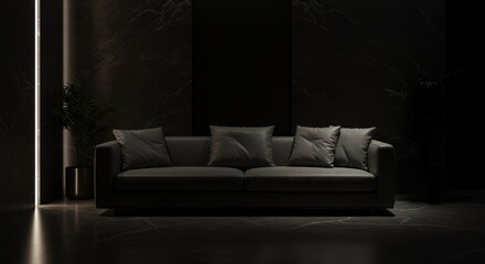 Sleek Charcoal Gray Sofa in Dimly Lit Modern Hotel Lobby with Marble Backdrop