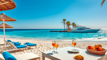 Beautiful yacht against the background of a beach with white sand, sun loungers, cocktails. Tourism and travel concept.