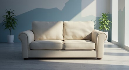 Comfortable Sofa in Gym Recovery Room Bathed in Soft Light for Peaceful Post-Workout Rejuvenation Featuring Cream Fabric and Potted Plants
