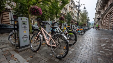 Public bike sharing station multiple empty docks focus on eco friendly urban mobility promoting sustainable transportation
