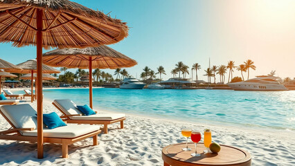 Sunbeds on a white sand beach against the backdrop of the sea and palm trees. Travel, tourism and recreation concept.