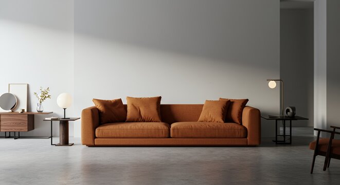 Minimalist Hotel Lobby Interior Featuring Burnt Orange Sofa Wooden Sideboard and Round Mirror Spherical Lamps Creates Sophisticated Warmth - Powered by Adobe