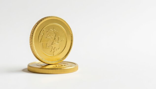Side view of a single coin mid-flip, isolated on a pure white background , shiny, texture