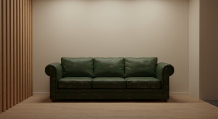 Comfortable Green Sofa in Gym Recovery Room for Peaceful Post Workout Rejuvenation Under Soft Lighting With Wood Panel Backdrop