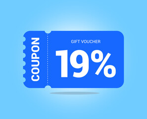 19% coupon promotion sale. Nineteen percent Vector Gift Voucher. Blue discount, lucky ticket, special offer promo. Web, shopping label, percent sign. Special price offers.
