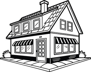 Line Art of a Classic Small Shop – Hand-Drawn Vector House with Awning Windows and Sidewalk Silhouette – Vintage Building Design for Real Estate or Café Branding