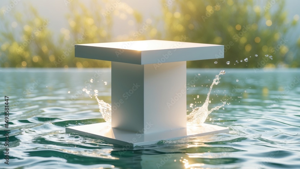 Poster white square display stand devoid of content on a clear water surface with waves and splashes illumi