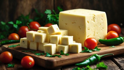 Diced Mozzarella cheese on a wooden chopping board.