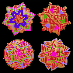 Set of art templates, mandala stencils suitable for laser cutting of metal, wood carving, coloring, stained glass. Isolated. Patterns and ornaments of the East, Asia, India, Mexico, Aztec, Peru.