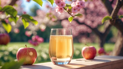 Sunny spring day featuring Brut apple cider in glass and apple tree flowers in garden, cider making