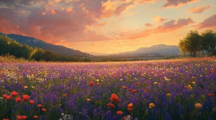 Fototapeta premium A pretty flower scene with lots of colors. A lovely wide view of blooming flowers in France at sunset. The field of purple flowers in Provence, France looks amazing in the summer. 