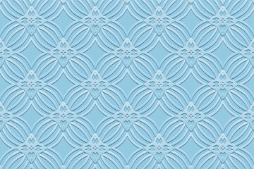 Ethnic satin blue background, cover design, banner, wallpaper. Geometric vintage 3D pattern. Embossed ornaments, arabesques, mandala of the East, Asia, India, Mexico, Aztec, Peru in boho style.