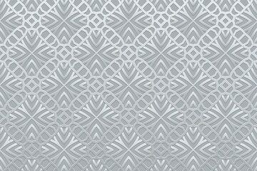 Ethnic satin silver background, cover design, banner, wallpaper. Geometric decorative 3D pattern. Embossed ornaments, arabesques, mandala of the East, Asia, India, Mexico, Aztec, Peru in boho style.