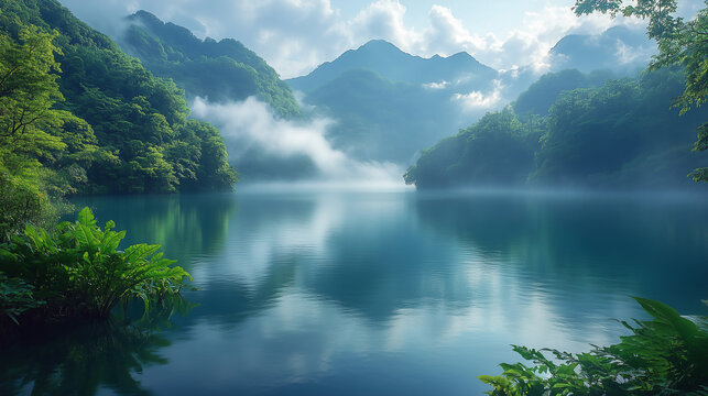 Beautiful scenery of green mountains and blue waters, the lake surface with mist rising from the water in front of a lush forest mountain landscape 