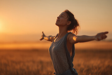 Young woman with arms outstretched breathing in fresh air during sunrise at field. Girl enjoying nature while meditating during morning with open arms and closed eyes. Mindful woman relax