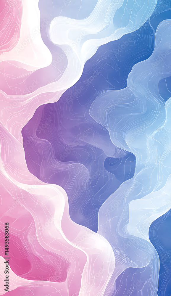 Poster beautiful abstract design featuring flowing waves in pastel colors of pink and blue, creating serene