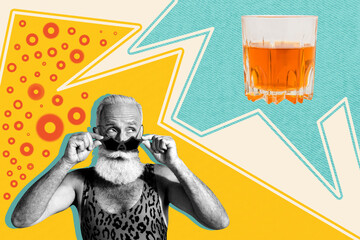 Contemporary poster trend art collage of happy cunning old man hold sunglass look rum glass beverage bar summer holiday relax