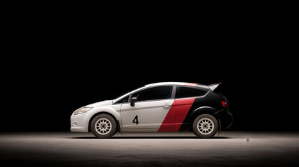 sleek rally car captured from side showcasing its aerodynamic design and racing features
