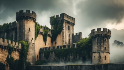A fantastical stronghold and the walls of a medieval castle