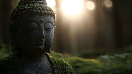 Stone statue of Buddha sitting peacefully in a misty, moss-covered forest, surrounded by lush greenery and soft atmospheric light, evoking serenity and spirituality.
