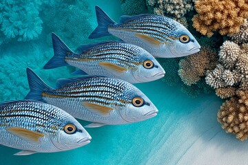 underwater fish patterns, minimal coral fish swimming in diagonal rhythm over turquoise