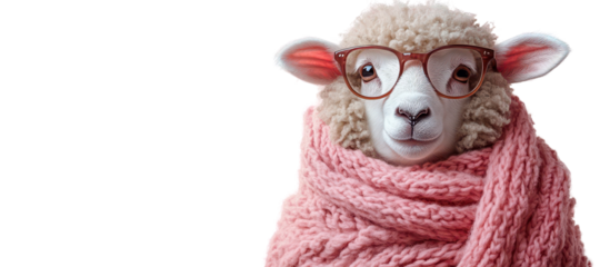  sheep wearing glasses and cozy scarf Isolated on white transparent background